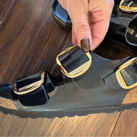 Birkenstock Black Sandals with Gold Buckles - Picture 5 of 7